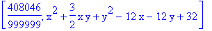 [408046/999999, x^2+3/2*x*y+y^2-12*x-12*y+32]